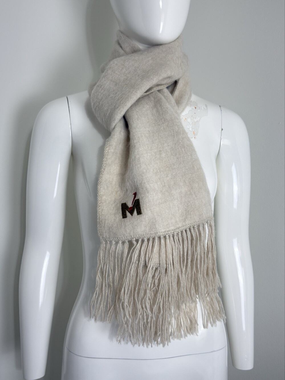 Alpaca Camargo Rectangular Scarf Beige Fuzzy Fringe Made In Peru Unisex 69x8